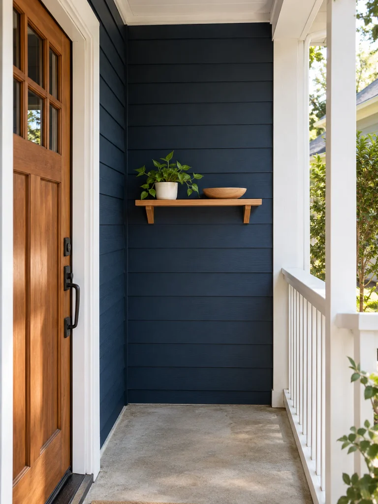 Shallow wood shelf holding a small potted plant and a bowl on a navy porch wall.