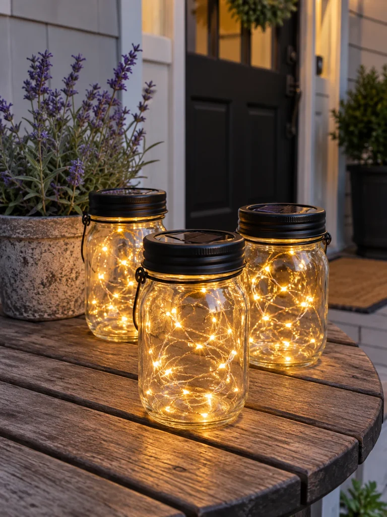 Three glass mason jars with solar lids and fairy lights glow on a wooden porch table.
