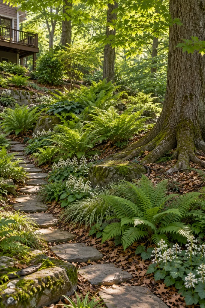 Ferns, sedges, and white woodland flowers beneath mature trees on a shaded slope with natural leaf litter.