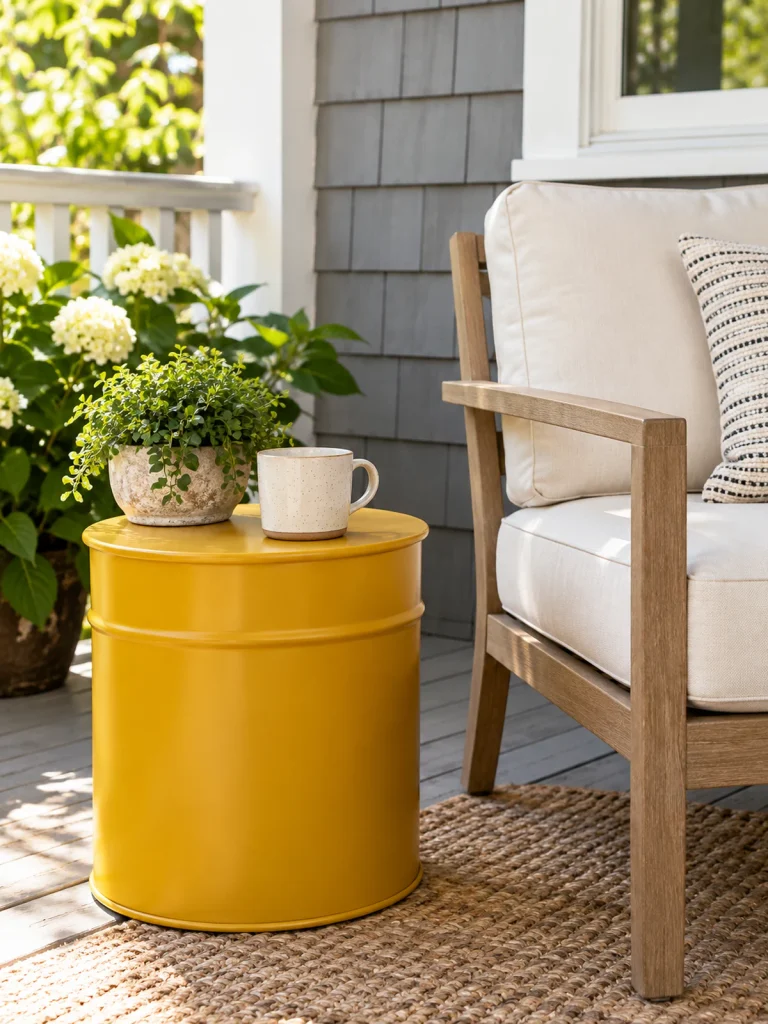 Mustard yellow metal side table with a mug and small plant beside a cream porch chair.