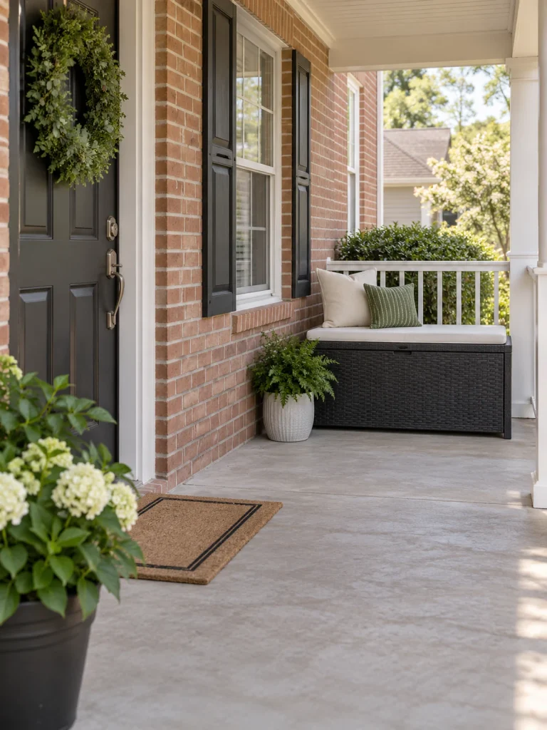 Charcoal woven-look storage bench with a cream cushion at the end of a brick porch.