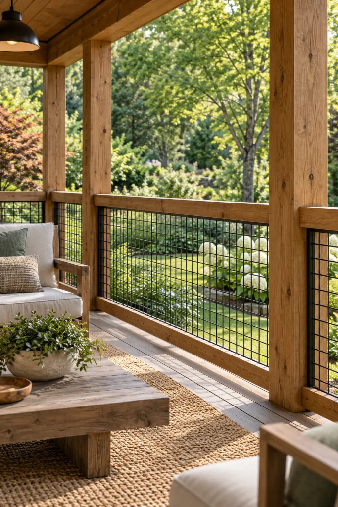 Small-square black welded-wire infill enclosed by thick natural-wood porch railing frames.