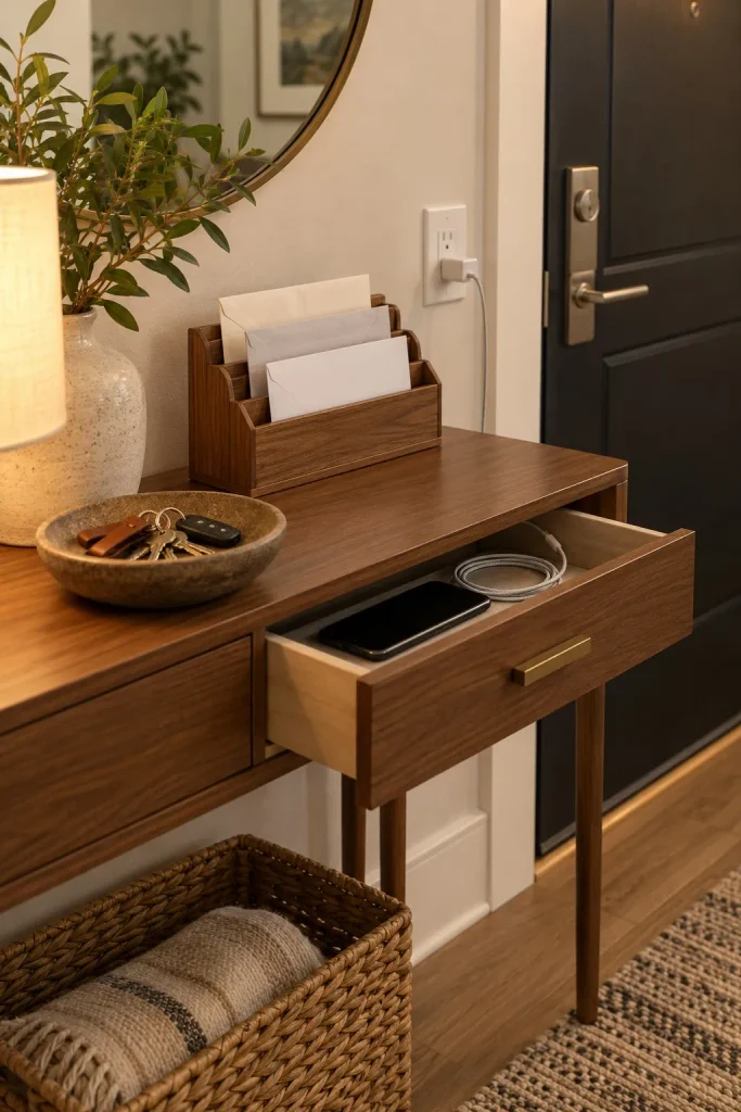 Wood entry console with a letter sorter, key bowl, and an open charging drawer holding a phone.