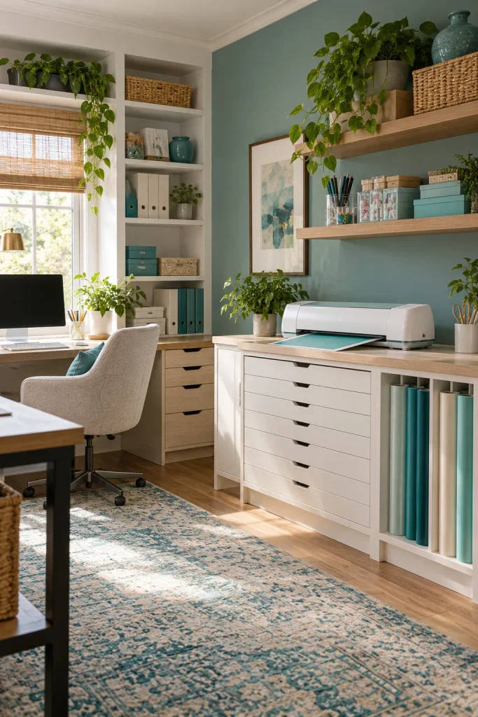 Electronic paper-cutting machine on a deep storage cabinet next to a separate computer workstation.