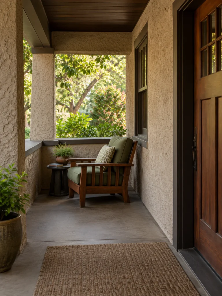 Olive cushioned chair tucked into a recessed stucco porch alcove.