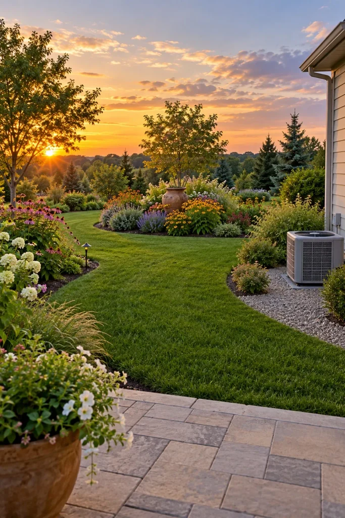 Curving lawn beside a colorful flower island and terracotta urn, with an unobstructed AC unit at the house on the right.
