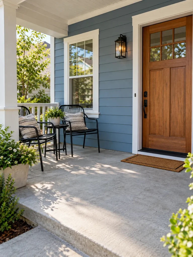 Two compact black chairs and a small round table grouped beside a clear front-door approach.