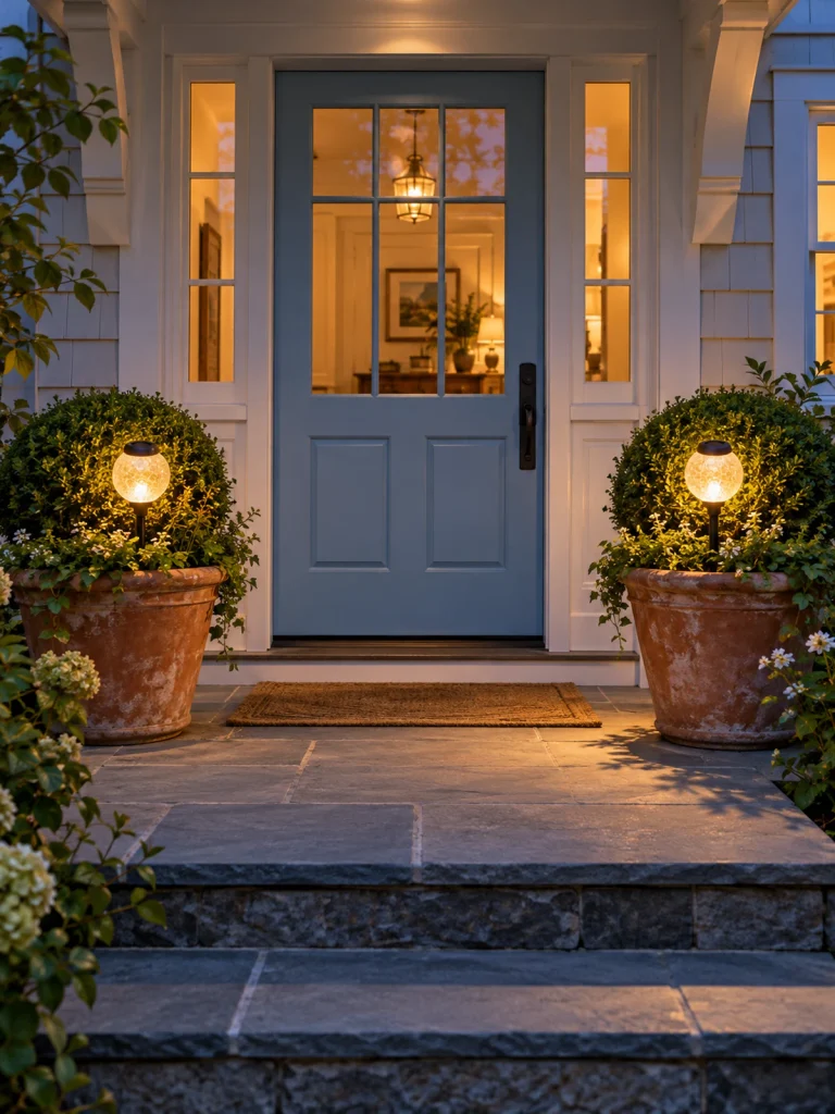 Glowing solar globe stakes sit in terracotta planters beside a pale blue front door.