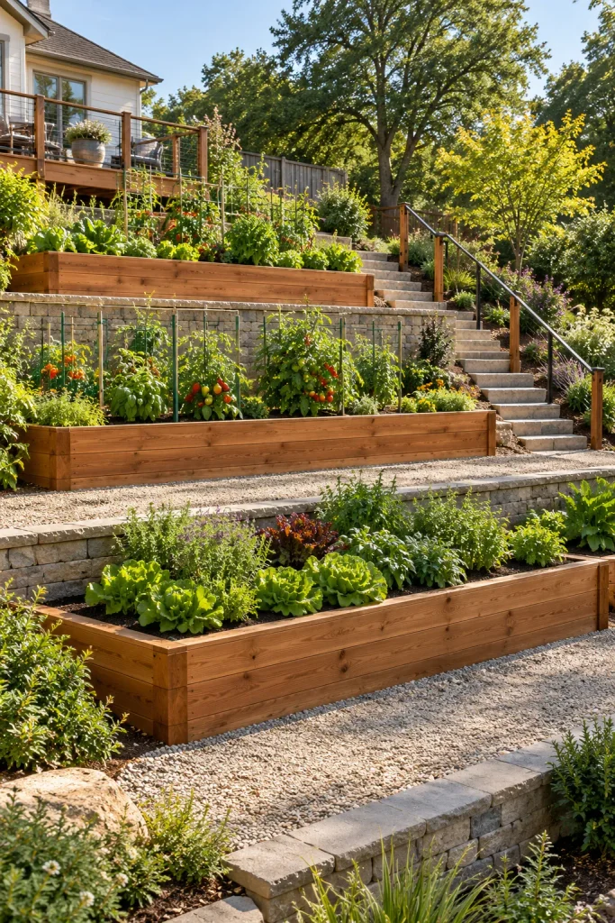 Level cedar vegetable beds on three garden terraces connected by a side staircase with a handrail.