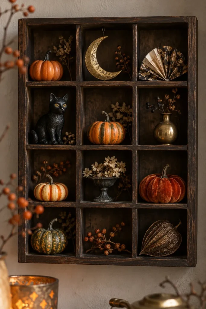 Wooden compartment box filled with miniature pumpkins, a black cat, a moon, and paper fans.

