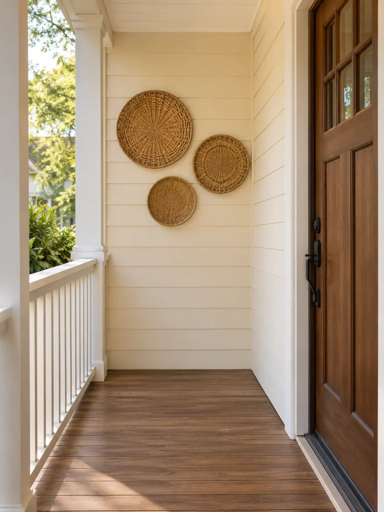 Three round woven wall decorations above a clear wood floor on a narrow cream porch.