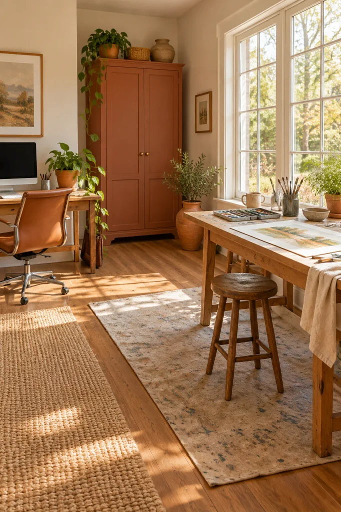 Painting table by a window with a washable floor mat and a separate computer desk across the room.