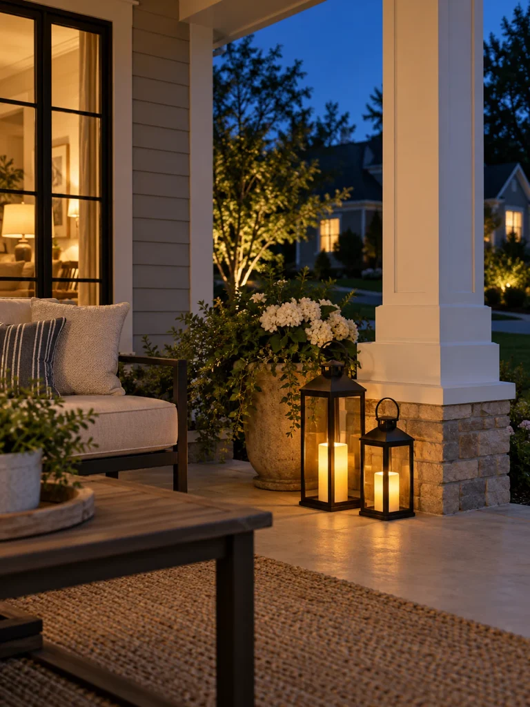 Two black lanterns with glowing pillar candles beside a white porch column at dusk.