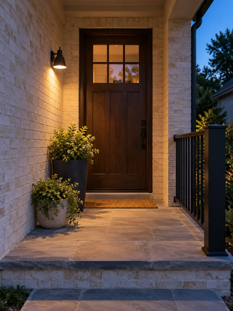 Compact black wall sconce casting warm light beside a wood door on a pale brick porch at dusk.
