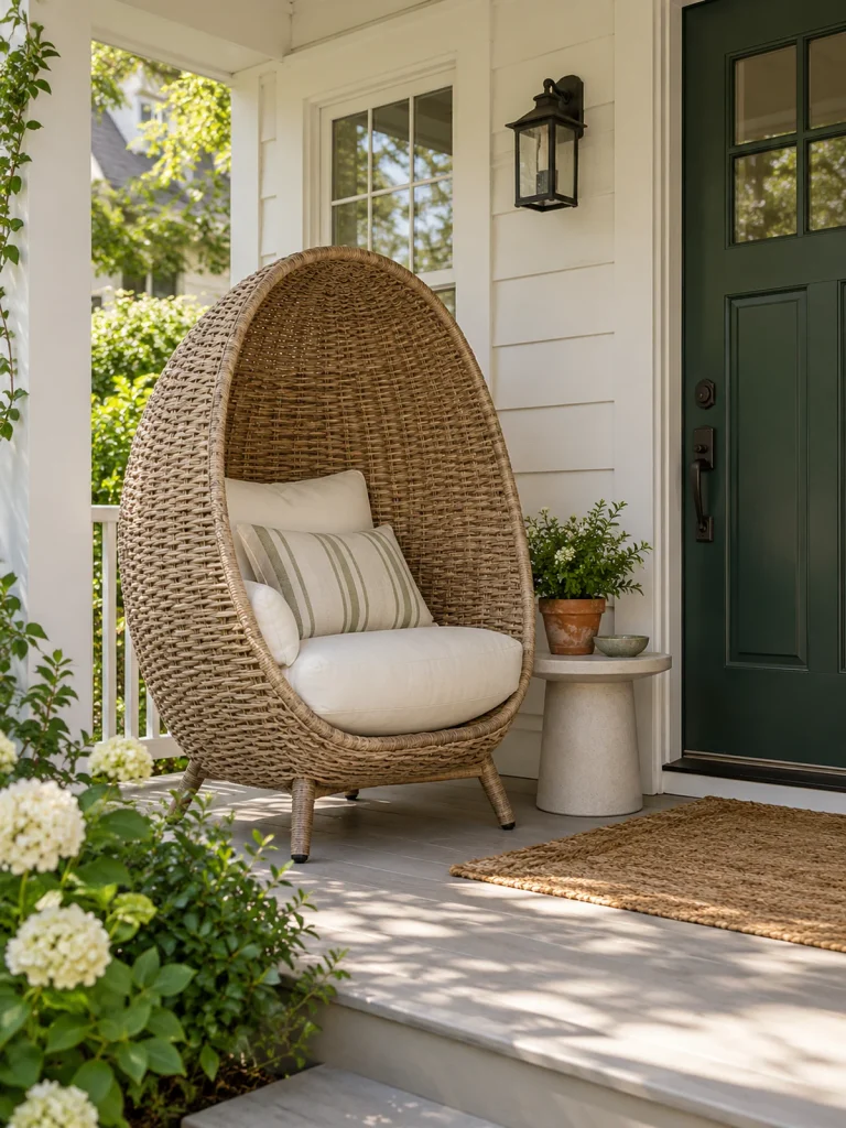 High-backed woven cocoon chair with cream cushions beside a green front door.