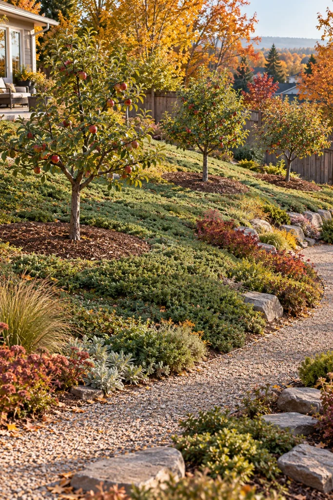Three small apple trees with clear mulch rings on a gentle planted slope beside a contour path.