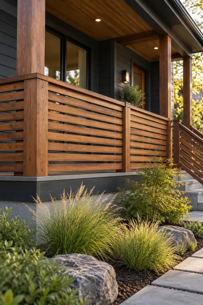 Narrow horizontal wood slats and matching posts beside a charcoal-sided modern porch.