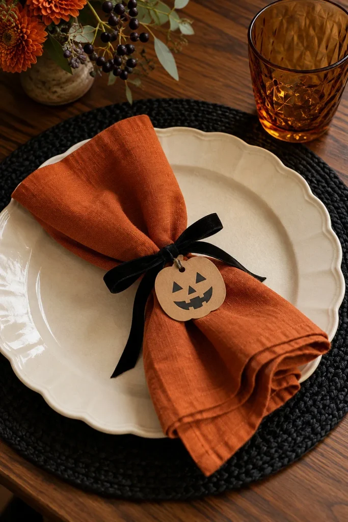 Orange napkin with a pumpkin-face tag on a cream plate beside an amber glass.
