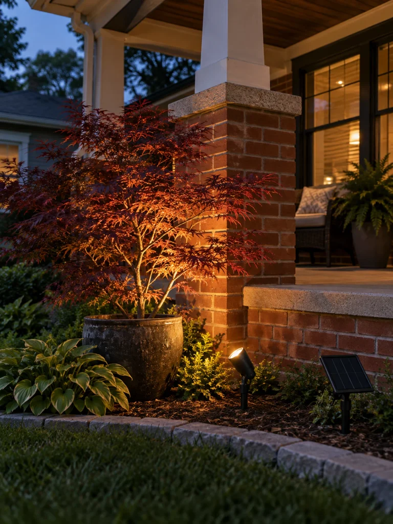 A solar spotlight illuminates a potted Japanese maple beside a brick porch.
