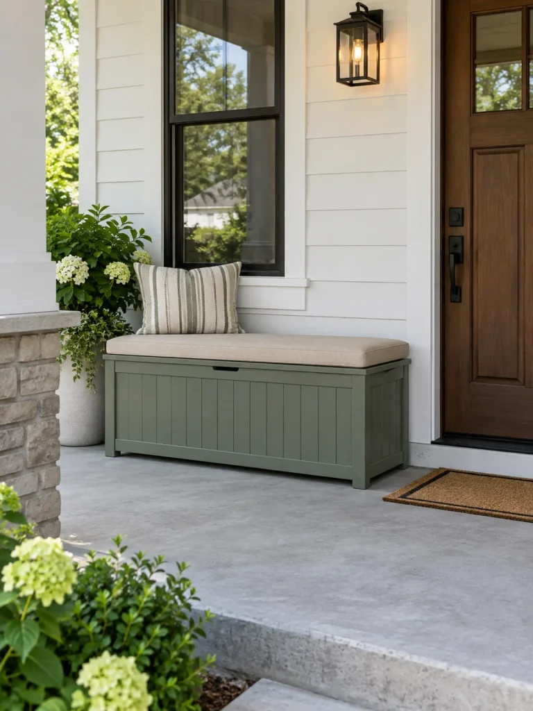Sage-green outdoor storage bench with a beige cushion against white porch siding.