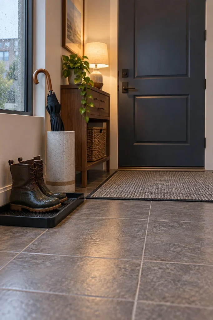 Rubber boot tray with damp boots and a narrow umbrella stand beside an apartment front door.