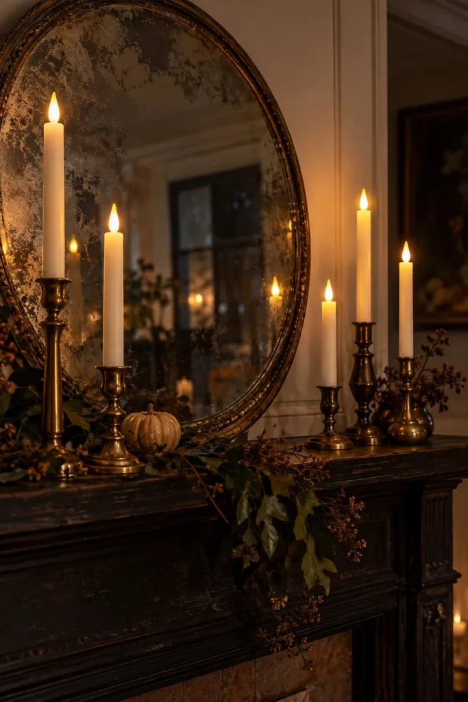 Glowing ivory tapers in brass holders arranged on a mantel in front of a round mirror.

