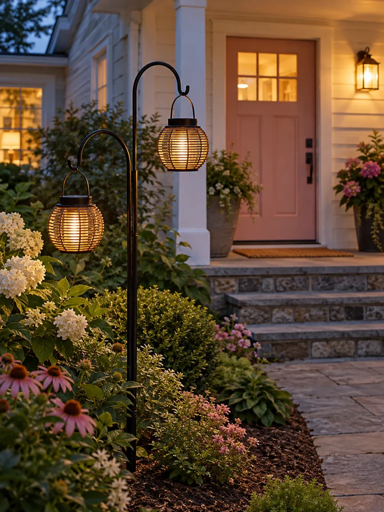 Two glowing solar lanterns hang from a double shepherd's hook beside porch steps.