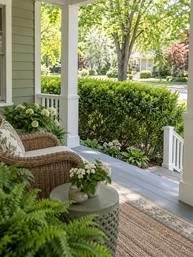 Leafy hedge outside a white porch railing with wicker seating behind it.
