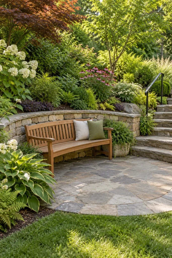 A cedar bench on a semicircular paved landing backed by a curved low stone wall and hillside planting.