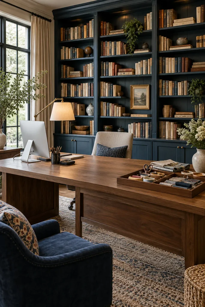 Library wall with open bookshelves and closed lower cabinets behind a desk with computer and stitching supplies.