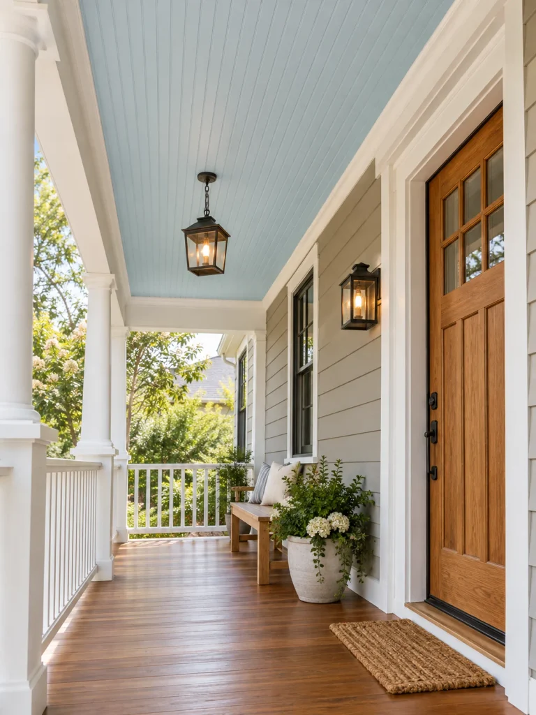 Pale blue beadboard ceiling above a narrow porch with white trim and a wood front door.