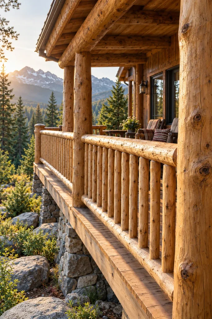 Round log posts and closely spaced peeled-log balusters on a forest cabin porch.