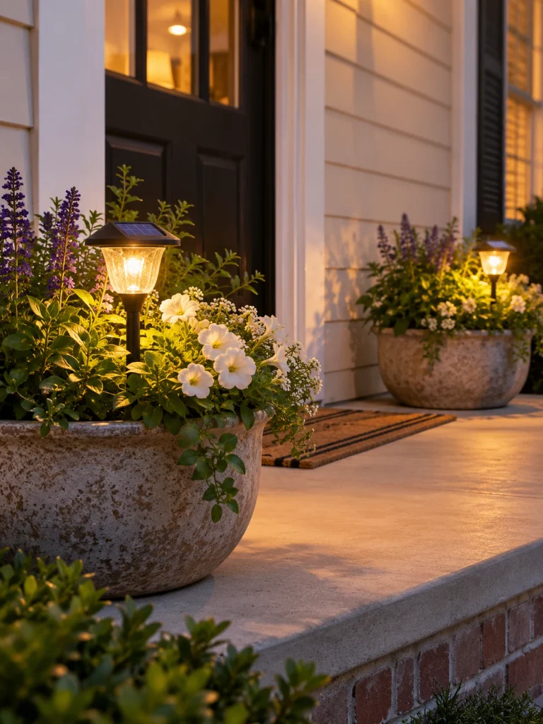 Solar stake lights glowing among flowers in broad pots beside a front entry.