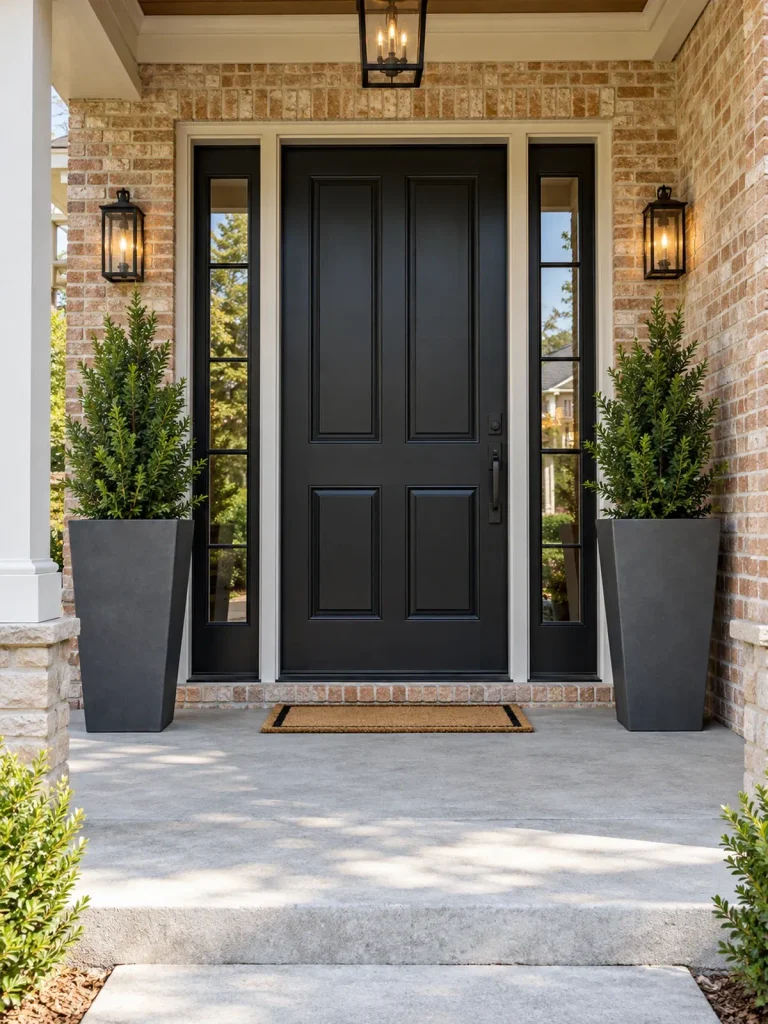 Tall charcoal planters with upright evergreens flanking a black door on a brick front porch.