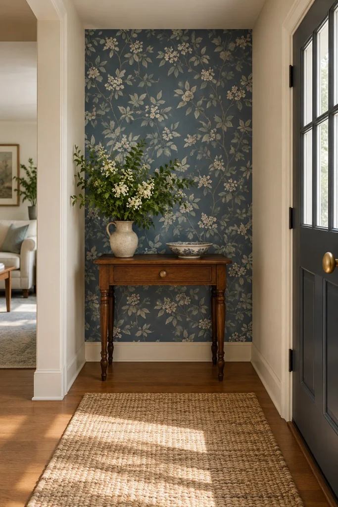 Blue botanical wallpaper behind a small wood entry table against neighboring cream walls.