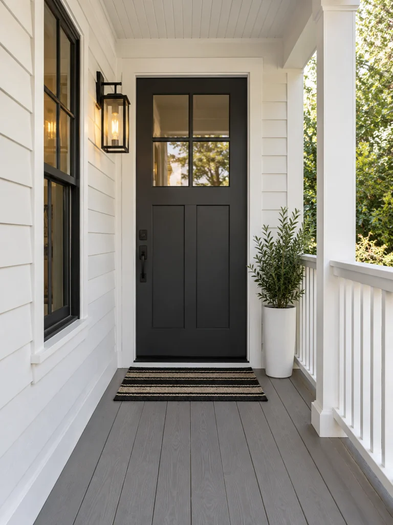Charcoal door, white siding, striped mat, and a slender white planter on a narrow porch.