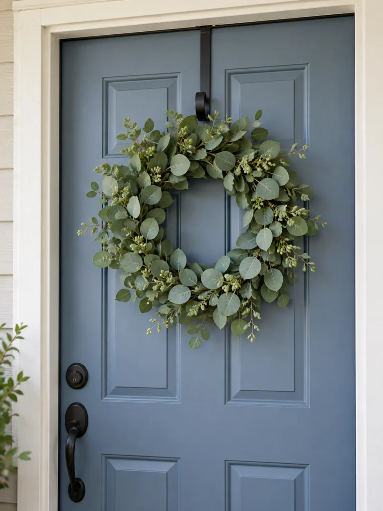 Green eucalyptus-style wreath suspended from a black over-door hanger on a blue door.