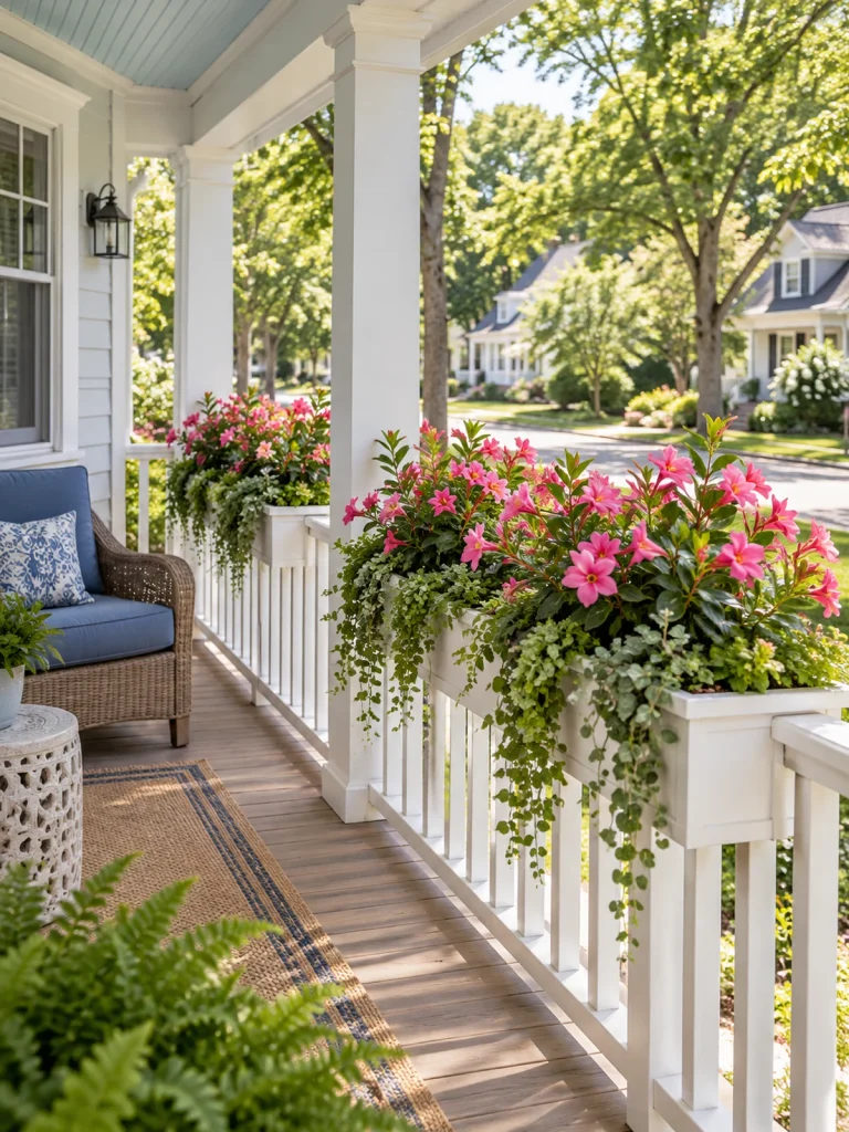 White railing planters filled with pink flowers beside a blue cushioned porch chair.