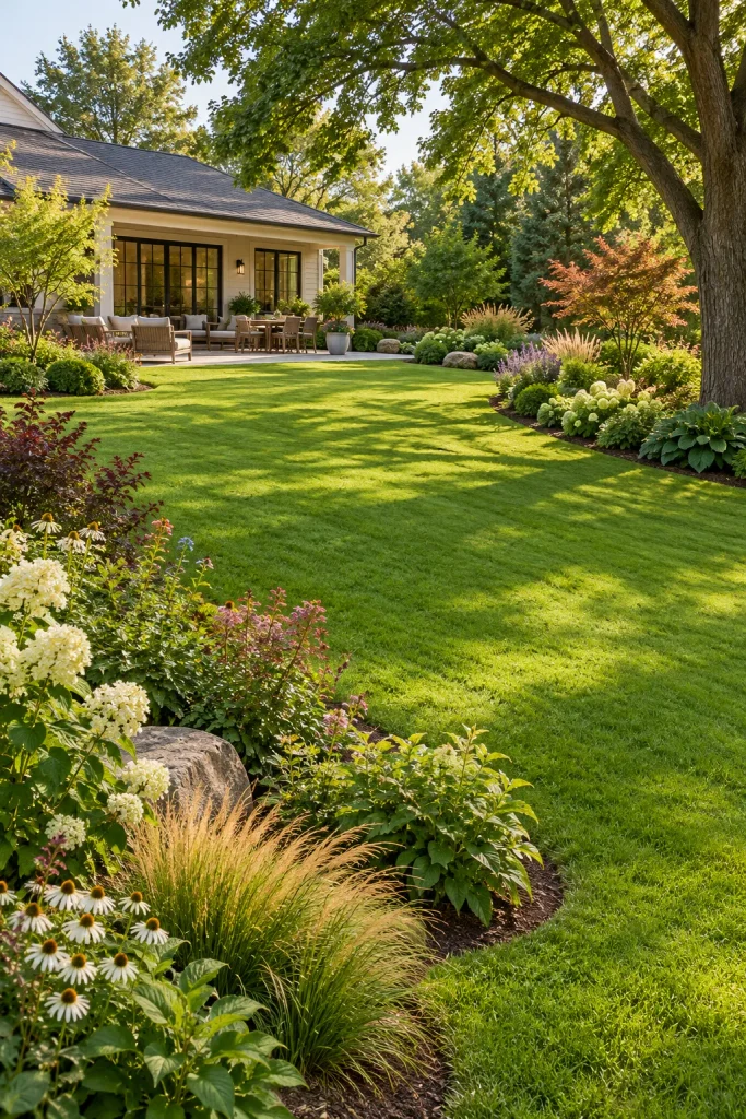 A broad gently sloping lawn framed by curved shrub and grass borders with a patio at the upper edge.