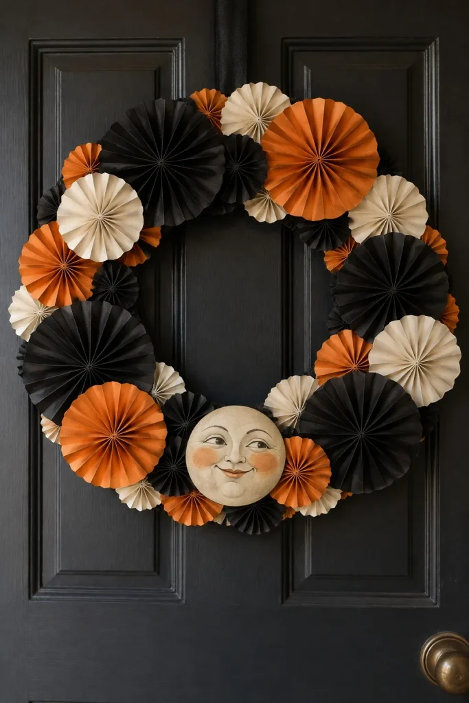 Black, orange, and cream paper rosette wreath with a smiling moon on a dark door.

