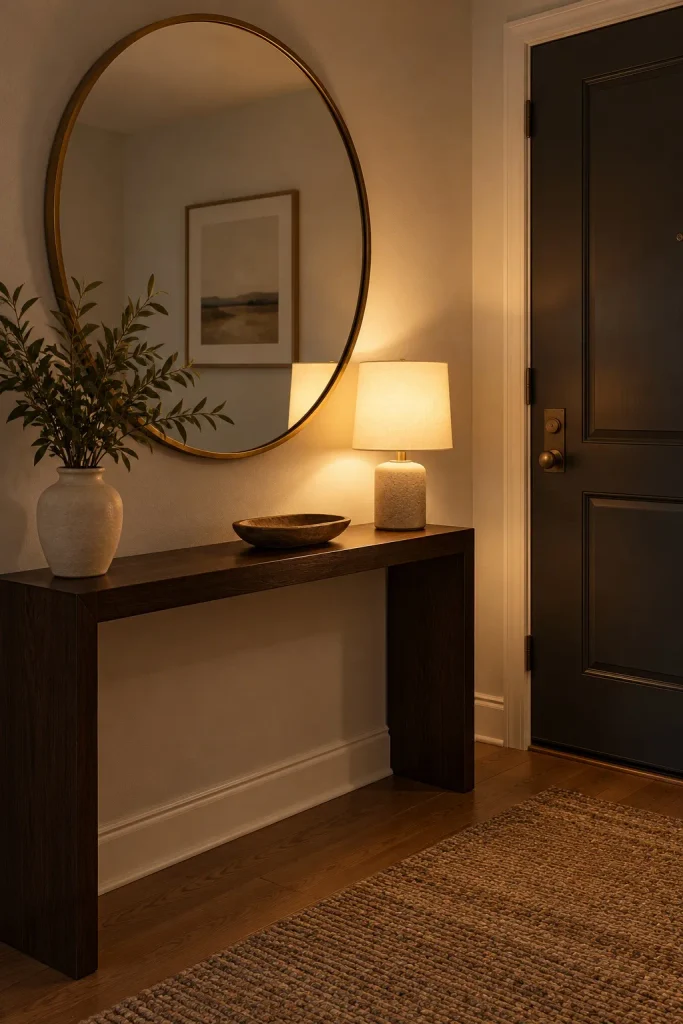 Round brass mirror and a glowing table lamp above a narrow dark wood entry console.