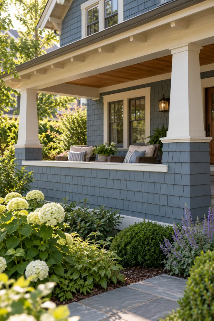 Shingle-clad solid porch knee wall with a broad painted cap and chairs behind it.