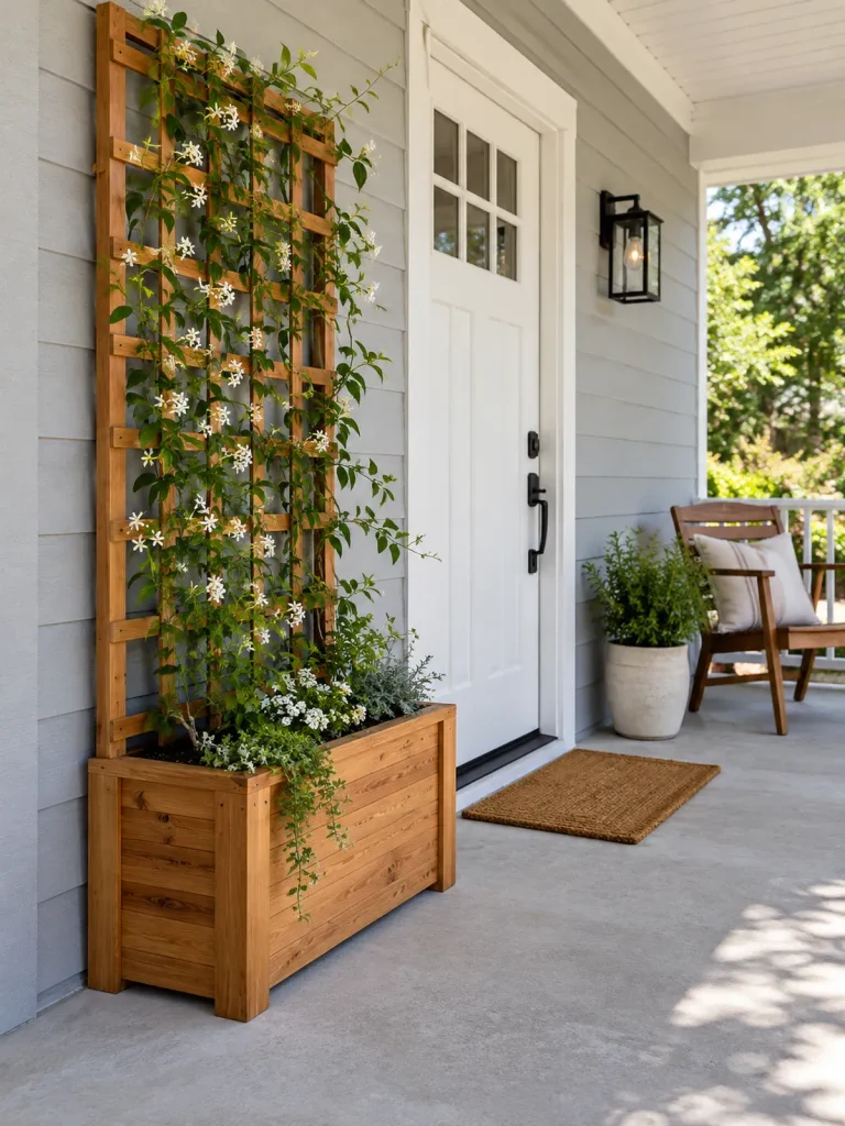 Cedar planter and trellis with climbing greenery beside a white door on a concrete porch.