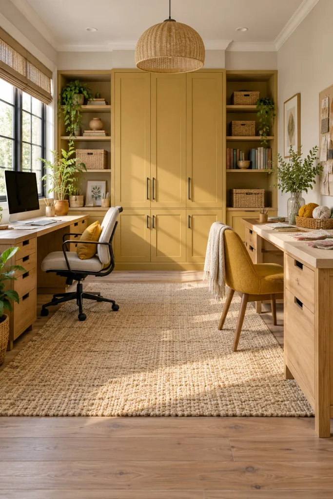 Two separate workstations with independent chairs and a shared storage cabinet in a hobby room.