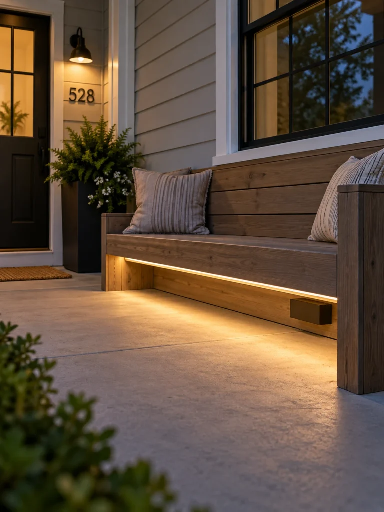 A warm LED strip beneath a wooden porch bench casts light onto the concrete floor.