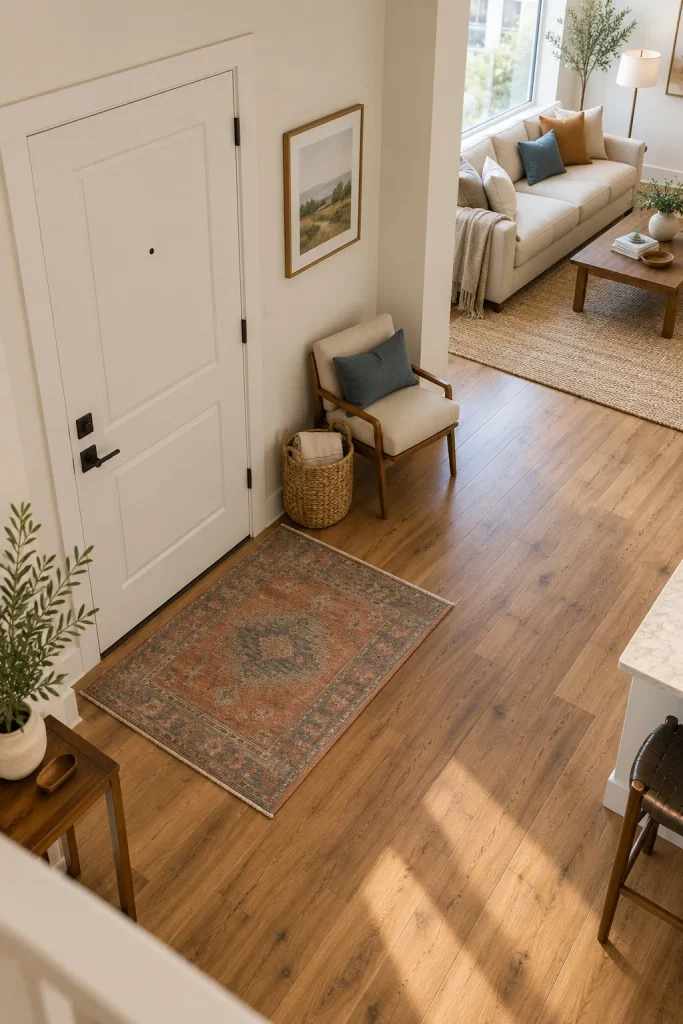 Muted rust and blue flatwoven rug marking an apartment entrance near a white door.