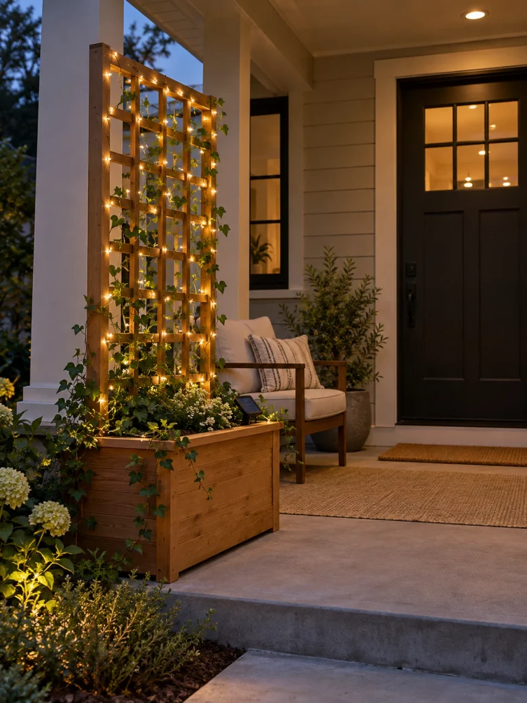Warm fairy lights outline a cedar trellis rising from a large porch planter.