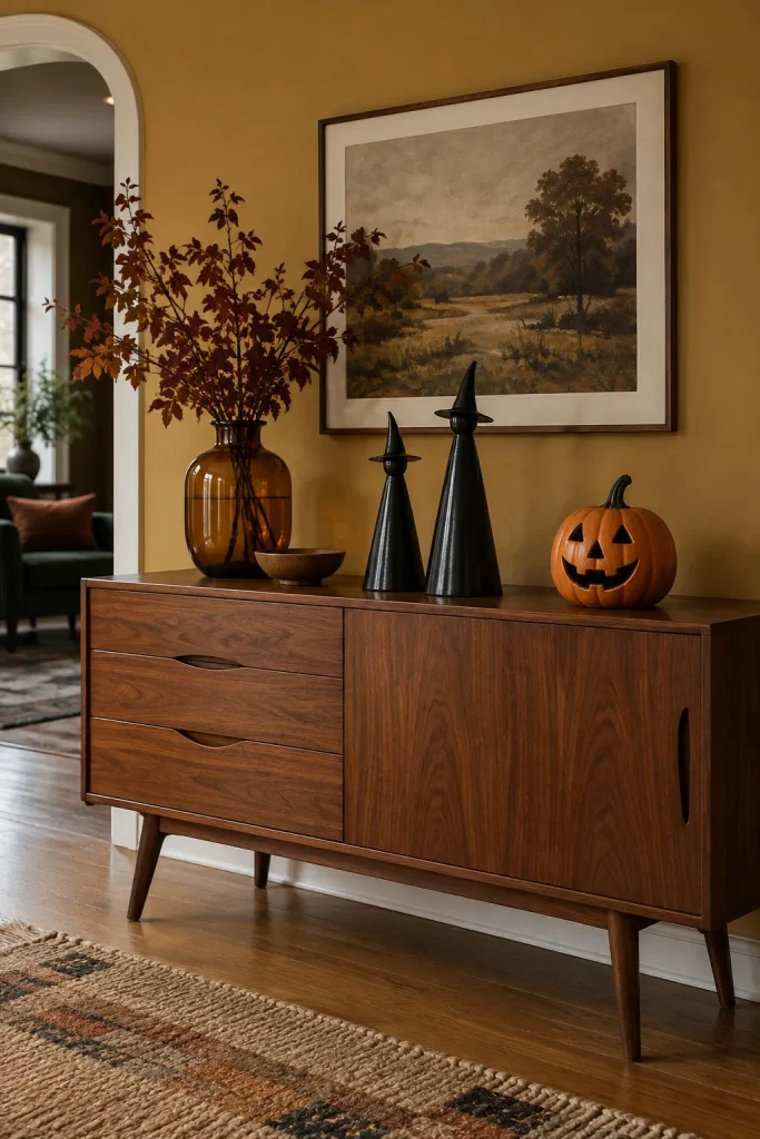 Black cone-shaped witch figures and an orange jack-oâ€™-lantern on a walnut console.
