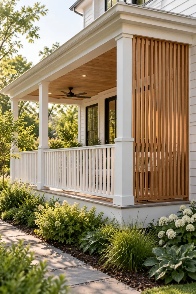 Vertical cedar privacy slats at the side of a covered porch with white front railing.
