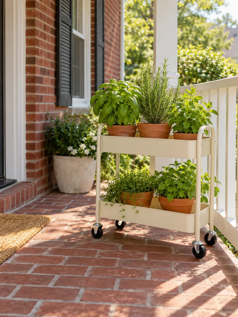 Cream rolling cart holding terracotta pots of herbs beside a white porch railing.
